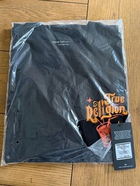 True Religion Black Tee with Orange Yellow Script Logo